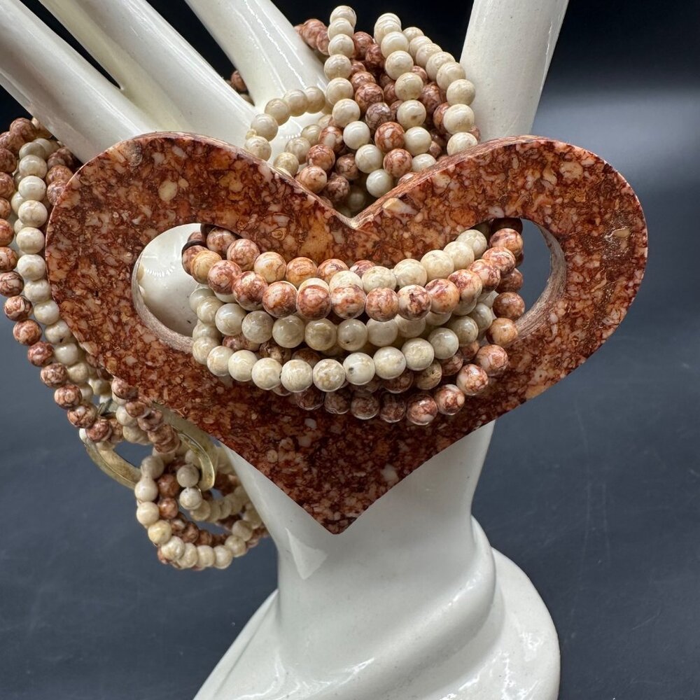 Vintage Stone Beaded Choker Necklace Heart Pendant Natural Earth Tone Southwest